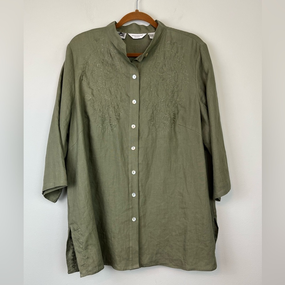 Richard Malcolm 100% Irish Linen Embroidered Olive Green Top Shirt Tunic 1X